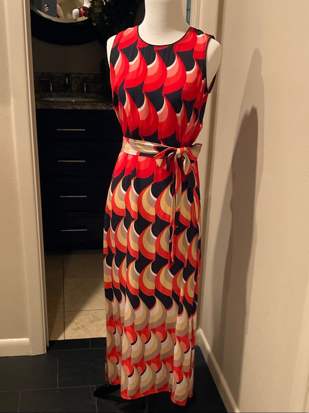 Per Se Multicolor Sleeveless Geometric Maxi Dress with Waist Tie